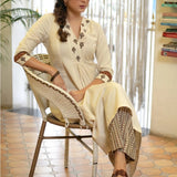 Classy Cotton Flex Off-White Kurta With Embroidered Yoke And Sleeves Paired With Printed Pant