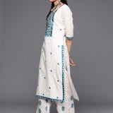 Off White Floral Embroidered Thread Work Pure Cotton Kurta with Palazzos