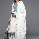 Off White Floral Embroidered Thread Work Pure Cotton Kurta with Palazzos