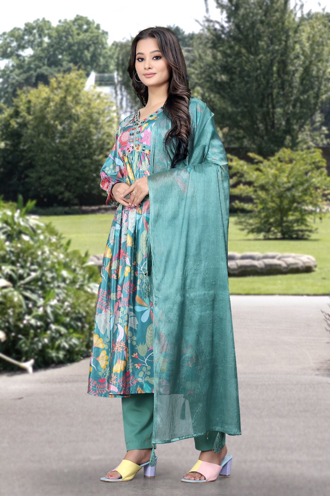 Stunning Green Floral Alia Cut Suit Set