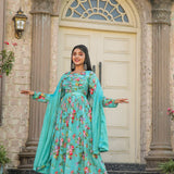 Multicoloured Anarkali with mirror work and print lace