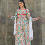 Multicoloured Anarkali with mirror work and print lace