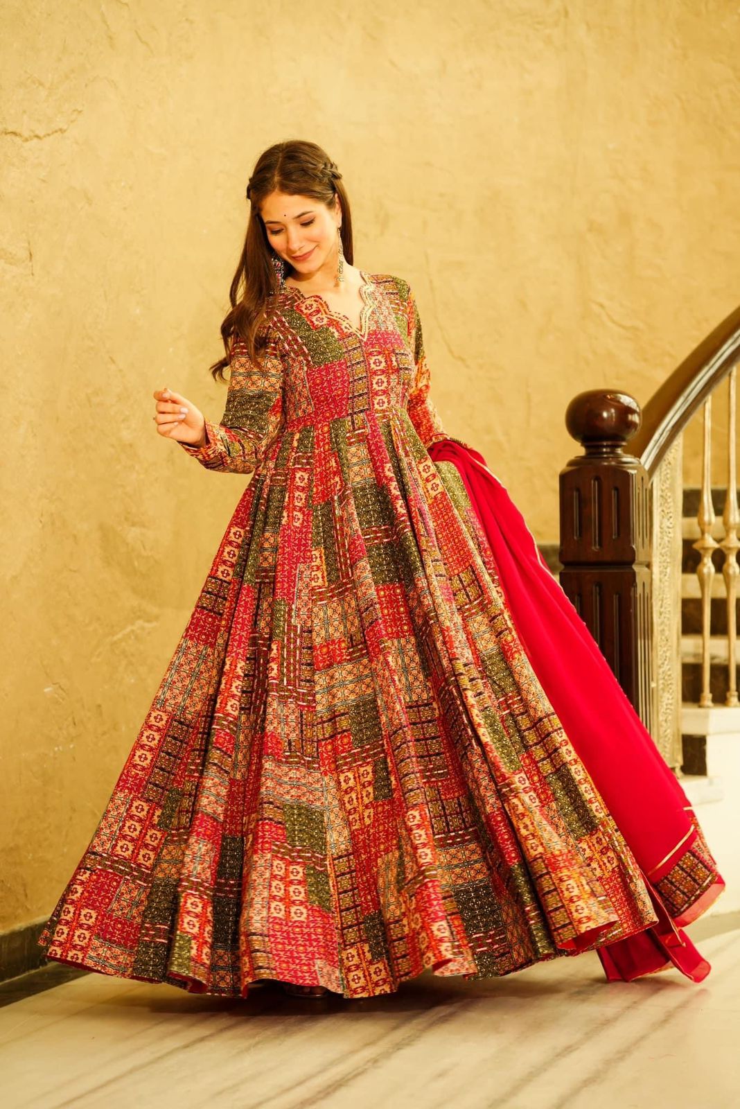 Stunning Red MultiColor Muslin Maxi Suit With Dupatta