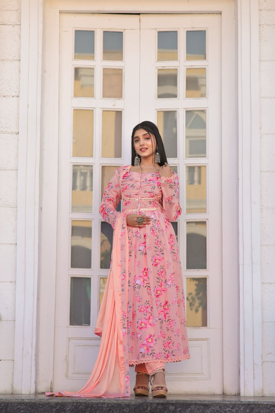 Pink Color Anarkali Kurti with mirror work and print lace