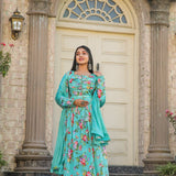 Multicoloured Anarkali with mirror work and print lace