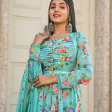 Multicoloured Anarkali with mirror work and print lace