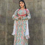 Multicoloured Anarkali with mirror work and print lace