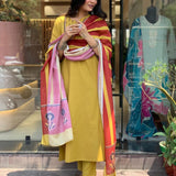 Yellow Color Kurti Suit Set Seems To Be A Party Wear Outfit Rayon fabric with Maslin Dupatta.