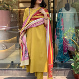 Yellow Color Kurti Suit Set Seems To Be A Party Wear Outfit Rayon fabric with Maslin Dupatta.