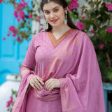 Stylish Pink Kurti With Bottom And Dupatta Set