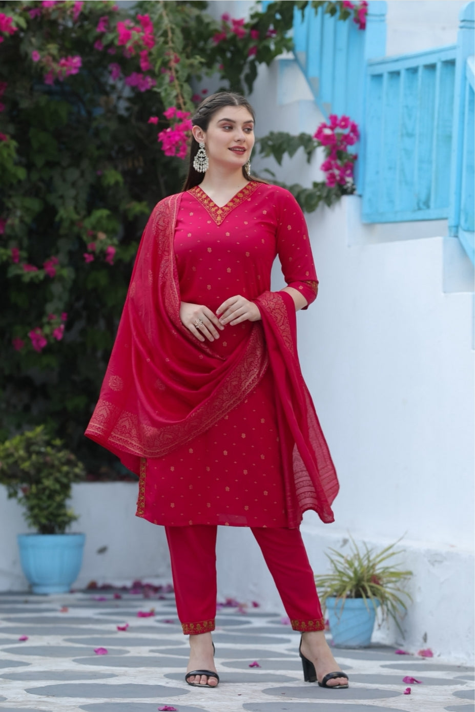 Stylish Pink Kurti With Bottom And Dupatta Set