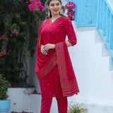 Stylish Pink Kurti With Bottom And Dupatta Set