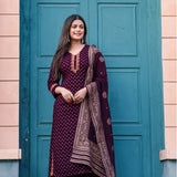 Stylish Purple Wine Kurti With Bottom And Dupatta Set