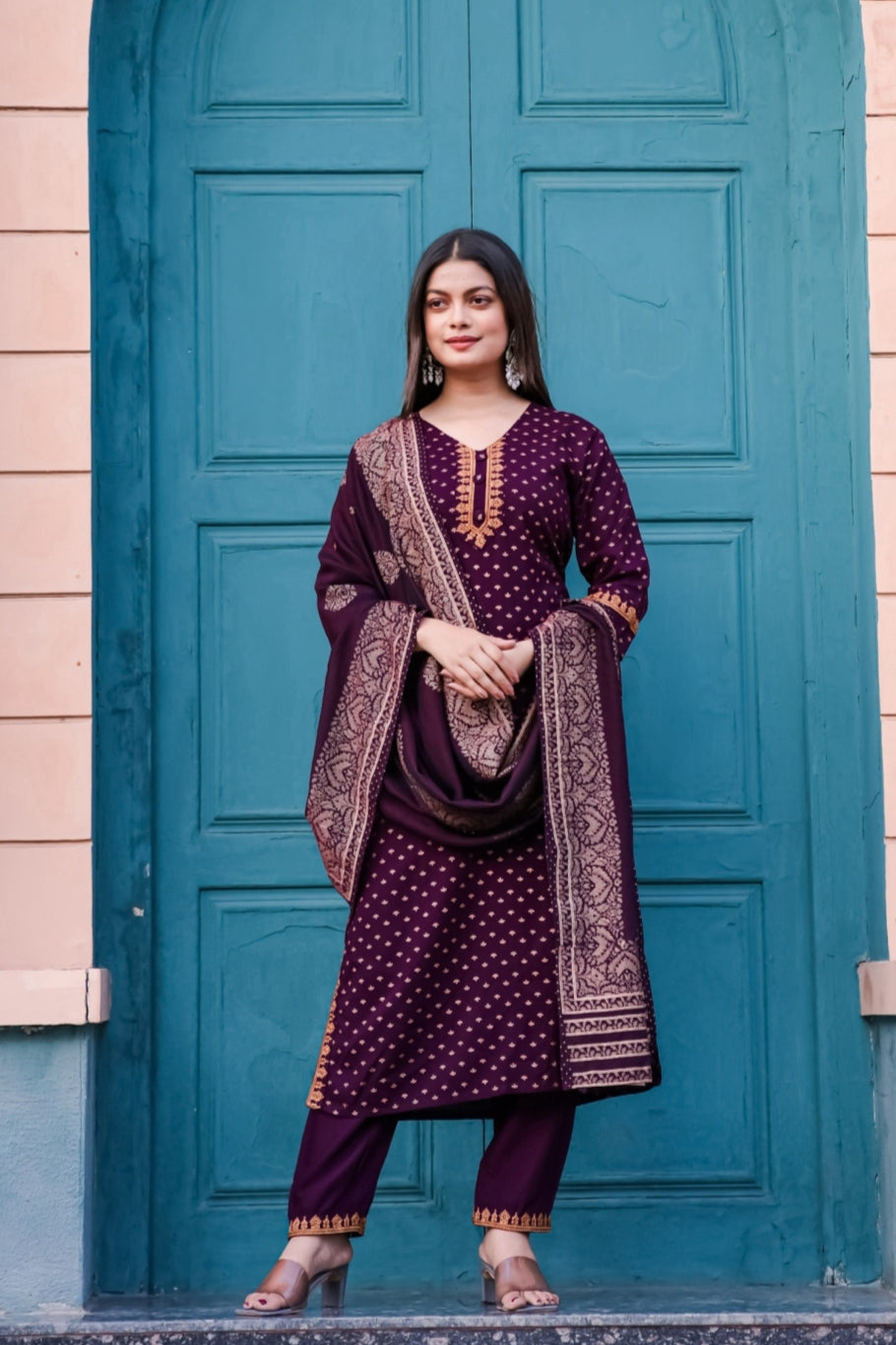 Stylish Purple Wine Kurti With Bottom And Dupatta Set