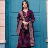 Stylish Purple Wine Kurti With Bottom And Dupatta Set