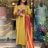 Yellow Color Kurti Suit Set Seems To Be A Party Wear Outfit Rayon fabric with Maslin Dupatta.