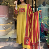 Yellow Color Kurti Suit Set Seems To Be A Party Wear Outfit Rayon fabric with Maslin Dupatta.