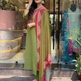 Kurti Suit Set  Seems To Be A Party Wear Outfit Rayon fabric with Maslin  Dupatta.