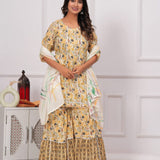 Elegant Cotton 60*60 Straight Kurti with Sharara and Cotton Brush Print Dupatta (3 PCS)