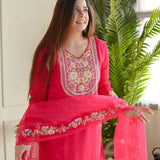 Cotton Kurti with Embroidered Yoke & Border, Sharara, and Organza Dupatta