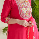 Cotton Kurti with Embroidered Yoke & Border, Sharara, and Organza Dupatta