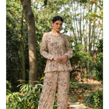 New Floral Muslin Silk Printed Peplum Kurti With Palazzo Co-Ord Set