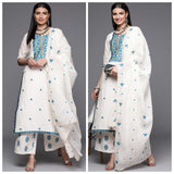 Off White Floral Embroidered Thread Work Pure Cotton Kurta with Palazzos